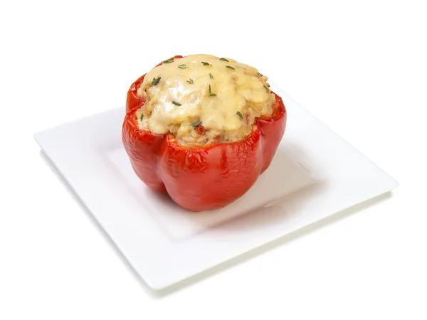 Bell Pepper Stuffed Meat Vegetables Baked Cheese Square Plate Isolated — Stock Photo, Image