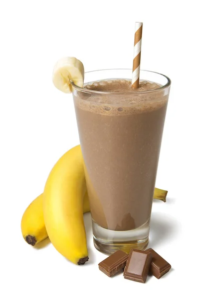 Chocolade Banaan Smoothie Een Glas Met Ingrediënten Geïsoleerd Witte Achtergrond — Stockfoto