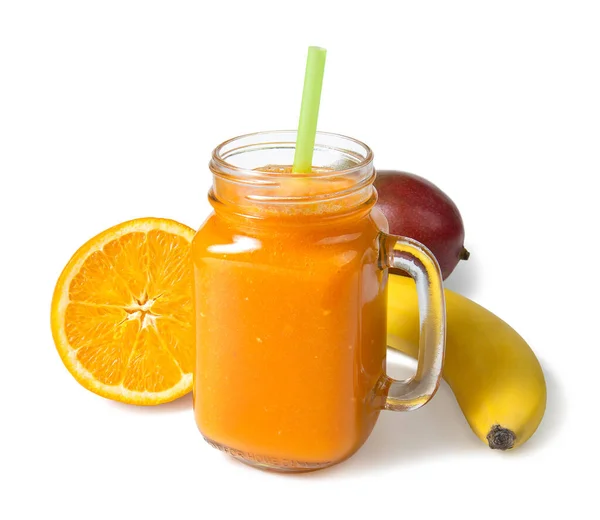 Mango Πορτοκάλι Και Smoothie Μπανάνα Συστατικά Που Απομονώνονται Λευκό Φόντο — Φωτογραφία Αρχείου