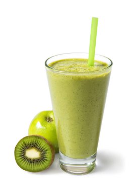 Meyve püresi, kivi, muz, içeriği beyaz arka planda izole edilmiş. Seçili odak.