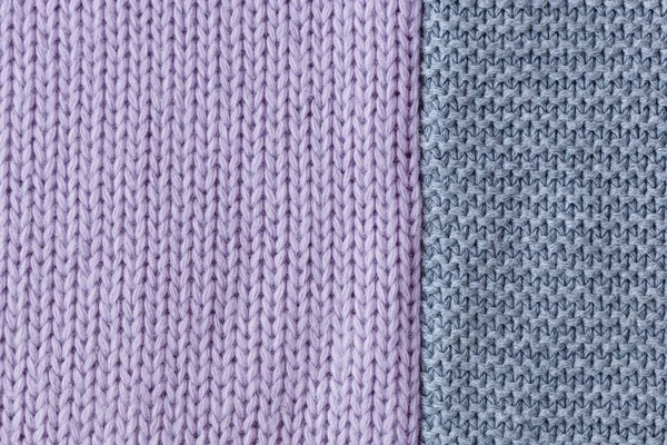Cinza e lilás tricô fundo textura de lã. Lugar para texto — Fotografia de Stock