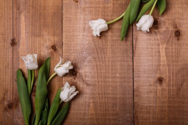 Lale dekorasyon ahşap zemin üzerine çiçek ve yumurta. Üstten Görünüm, metin alanı