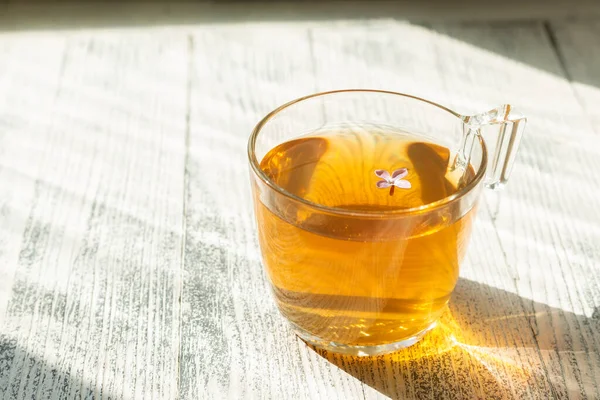 Šálek bylinkového čaje na dřevěném pozadí. Skleněný šálek. Sluneční paprsky — Stock fotografie
