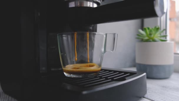 Koffiemachine Die Espresso Maakt Glazen Koffiebeker Hete Espresso Loopt Beker — Stockvideo