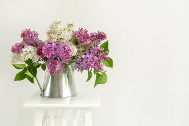 İçeride duran teneke sürahide bir demet leylak. Metnin için boşluk ile - Resim