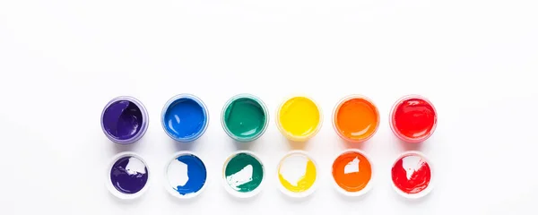Six Jars Paint White Background Isolated Multicolored Gouache Top View — Stock Photo, Image