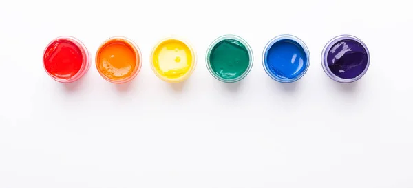 Six Jars Paint White Background Isolated Multicolored Gouache Top View — Stock Photo, Image