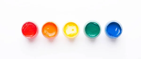 Six Jars Paint White Background Isolated Multicolored Gouache Top View — Stock Photo, Image