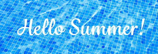 Words Hello Summer on blue ripped water background Swimming pool Summer vacation Banner Top view Copy space