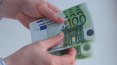 Avro banknotlarını sayan kadın elleri. Finans ve iş konsepti. 4K görüntü