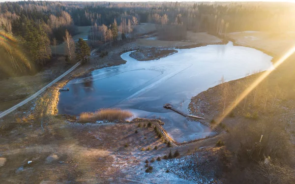 Drone fotografia de paisagem rural no inverno - Sun Flare — Fotografia de Stock