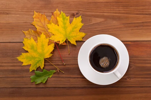 Filiżanka kawy i jesiennych liści — Zdjęcie stockowe