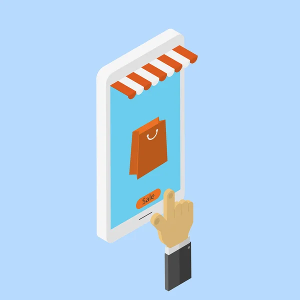Winkelen online winkel met de mobiele telefoon. Vectorillustratie . — Stockvector
