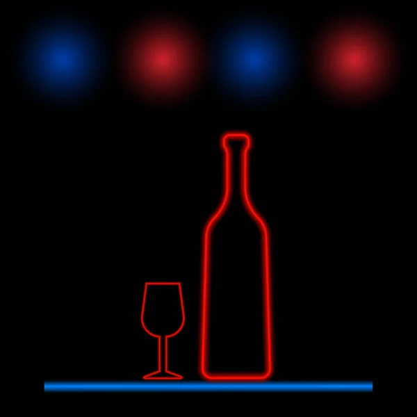 Bottiglia di vino e luce al neon di vetro. Illustrazione vettoriale  . — Vettoriale Stock