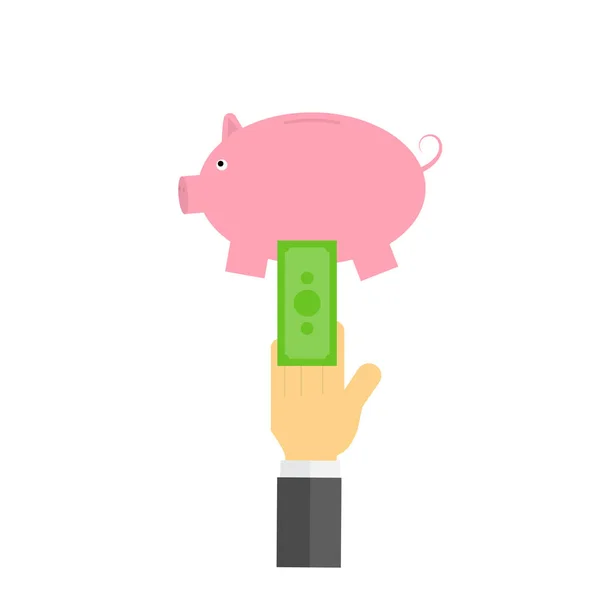 Piggy bank pénz elhelyezés üzletember. Vektoros illusztráció . — Stock Vector