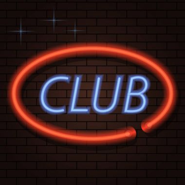 Neon tabela yazıt kulübü bir tuğla zemin üzerine. Vektör çizim .