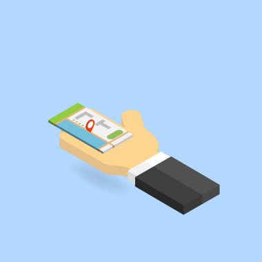 Bir adamın elini bir harita GPS ile. Vektör izometrik çizim.