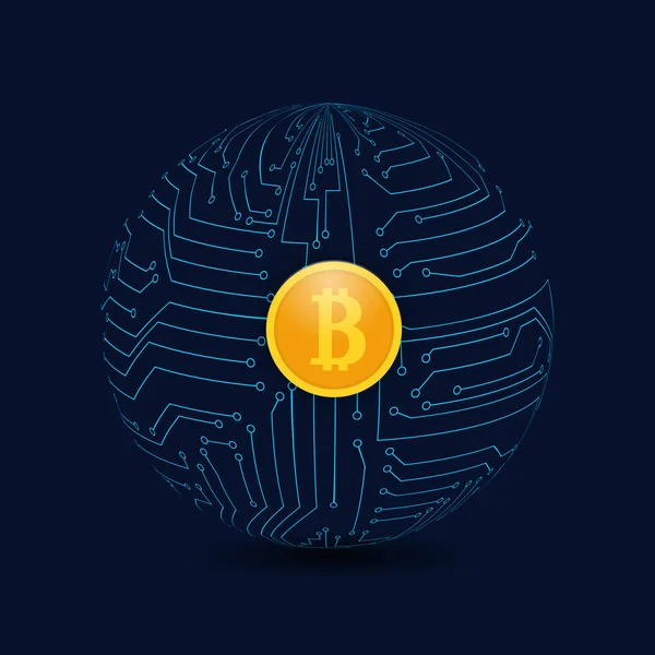 Círculo da placa-mãe e moedas bitcoin em um fundo escuro. Negócios globais. Ilustração vetorial  . —  Vetores de Stock