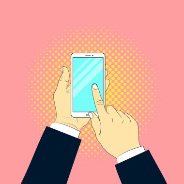 Bir adam bir smartphone, pop sanat tarzı bir ileti yazıyor. Vektör çizim .
