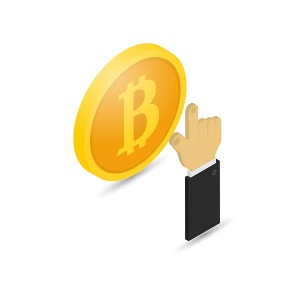 İşadamı'nın el bir sikke bitcoin basar. Kripto-para ağ kazanç. Vektör çizim .