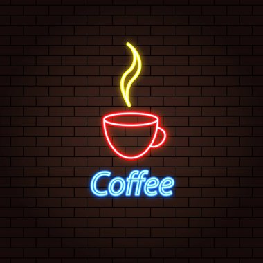 Tuğla zeminde kahve fincanı neon etkisi. Vektör illüstrasyonu .