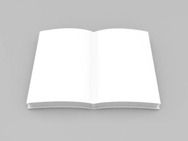 Gri arkaplan üzerine açık kitap modeli. 3d resimleme.