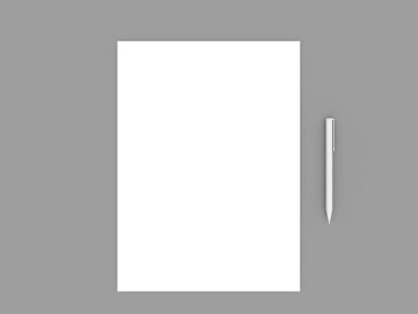 Gri arka planda A4 kağıt ve kalem. 3d resimleme.