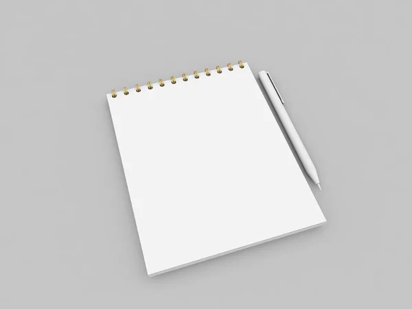 Caderno Caneta Branco Fundo Cinza Renderizar Ilustração — Fotografia de Stock