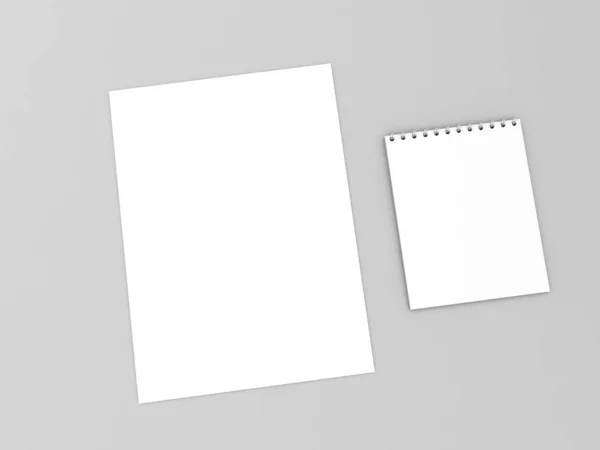 Ένα Φύλλο Χαρτί Και Ένα Σημειωματάριο Γκρι Φόντο Καθιστούν Απεικόνιση — Φωτογραφία Αρχείου