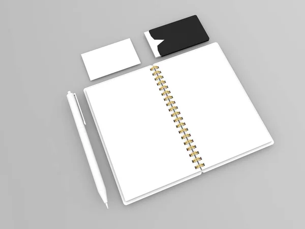 Notepad Business Cards Pen Gray Background Render Illustration — Stock Photo, Image