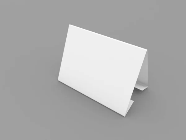 グレーの背景に広告のための空の紙のデスクトップカード 3Dレンダリング図 — ストック写真