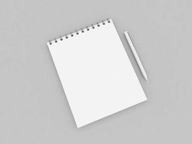 Gri arka planda boş bir defter ve kalem. 3d resimleme