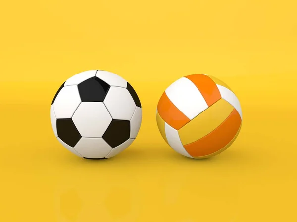 黄色の背景にサッカーボールとバレーボールボール 3Dレンダリング図 — ストック写真