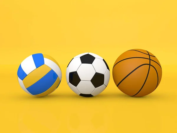 Voleibol Fútbol Baloncesto Sobre Fondo Amarillo Ilustración Renderizado — Foto de Stock