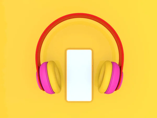 Sarı arka planda kulaklık ve akıllı telefon modeli. 3d resimleme.