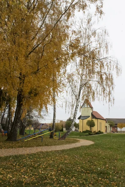 Färgglada Park Täckt Med Gula Fallna Höstlöv Och Gula Kyrka — Stockfoto