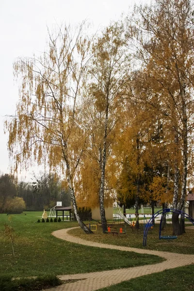 小弯曲路径通向儿童游乐场在公园覆盖黄叶 — 图库照片