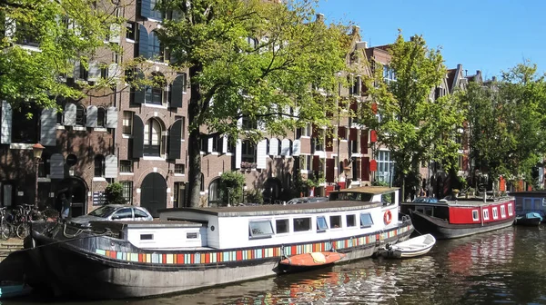 Houseboats Row Trees Next Street Sunny Day Spring — Stock Photo, Image