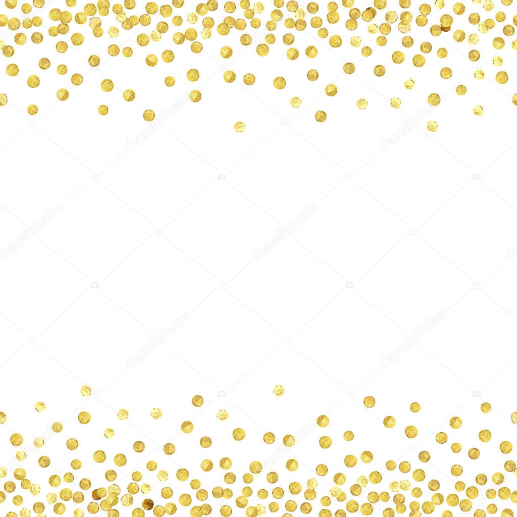 Abstract pattern of random gold dots with empty center for text on white background.  Vector illustration.