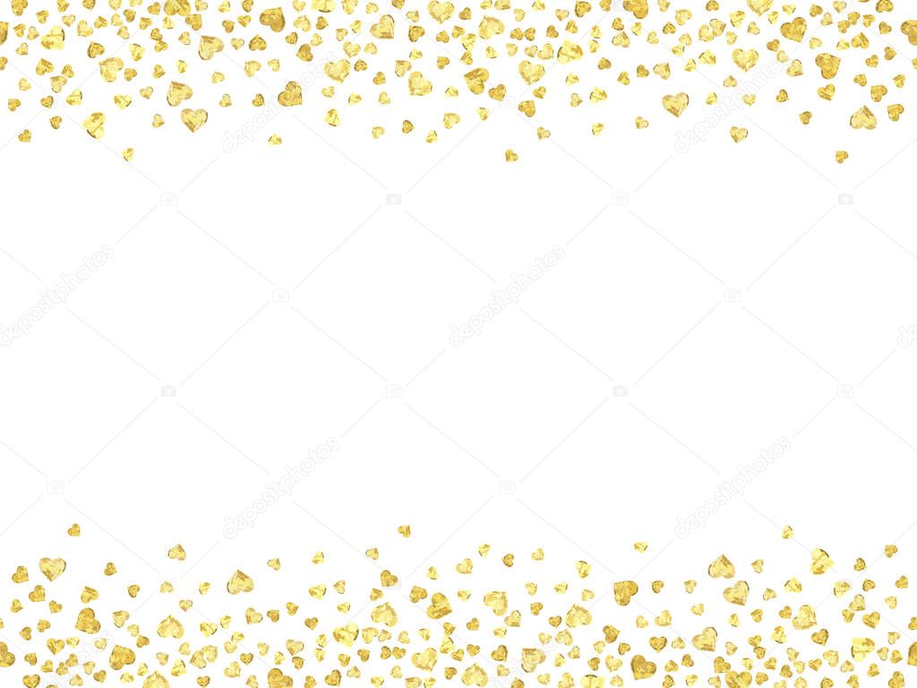 Abstract seamless pattern of random gold hearts with empty center for text on white background.  Vector illustration.