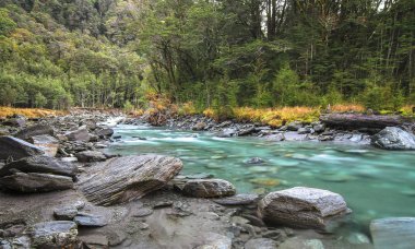 Matukituki River rock un yem o buzullar tarafından oluşturulan derin yeşil renkten renklidir. South Island, Yeni Zelanda