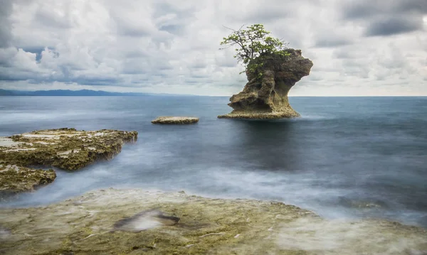 Una larga exposición de una costa rocosa junto a una pequeña isla con un árbol en ella en el este de Costa Rica — Foto de Stock