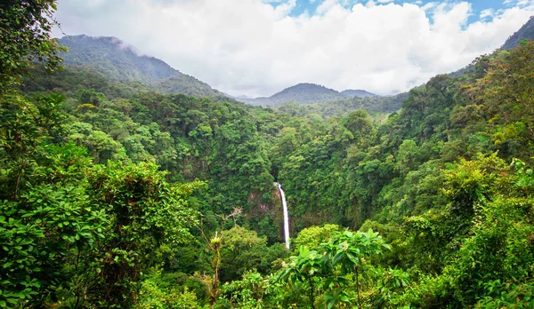 The La Fortuna Waterfall (Catarata La Fortuna) flows through a very dense jungle and plummets over a large rocky cliff near the town of La Fortuna and near Volcan Arenal, Costa Rica