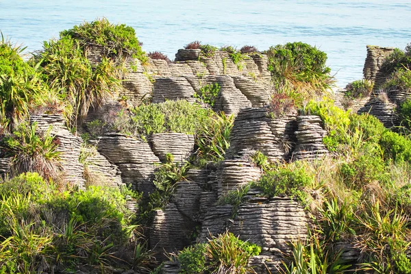 Skiktad klippformationer Pancake Rocks nära Hokitika på Nya Zeelands södra ö — Stockfoto