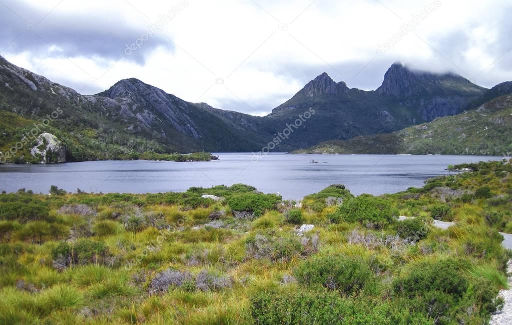 Cradle Mountain dominates the landscape above Dove Lake in the Cradle Mountain - Lake St. Clair National Park, Tasmania