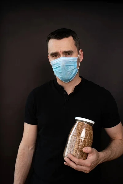 Portrait Man Medical Mask Buckwheat Black Background Concept Coronavirus Protect — Stock Photo, Image