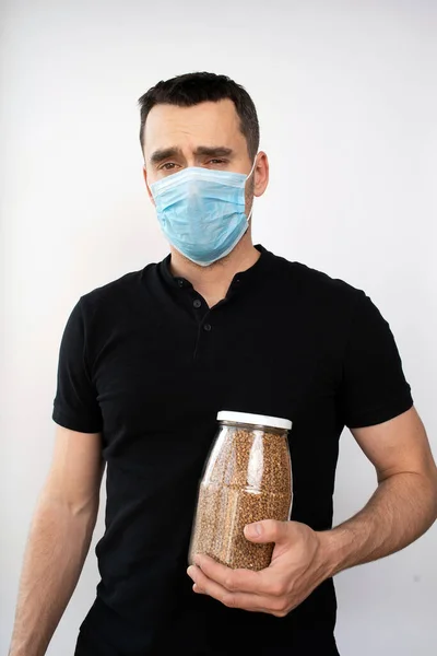 Sad Man Medical Mask Buckwheat White Background Concept Coronavirus Protect — Stock Photo, Image