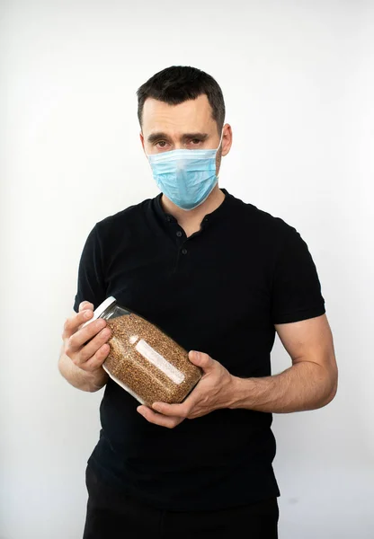 Handsome Young Man Black Shirt Medical Mask Buckwheat Isolated White — Stock Photo, Image