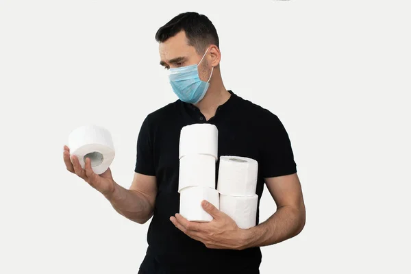 Young Man Black Shirt Medical Mask Toilet Paper Isolated White — Stock Photo, Image