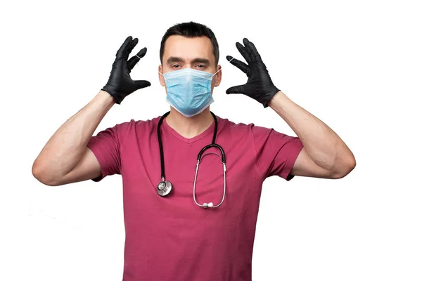 Ein Arzt Oder Eine Krankenschwester Schwarzen Handschuhen Trägt Eine Schutzmaske — Stockfoto